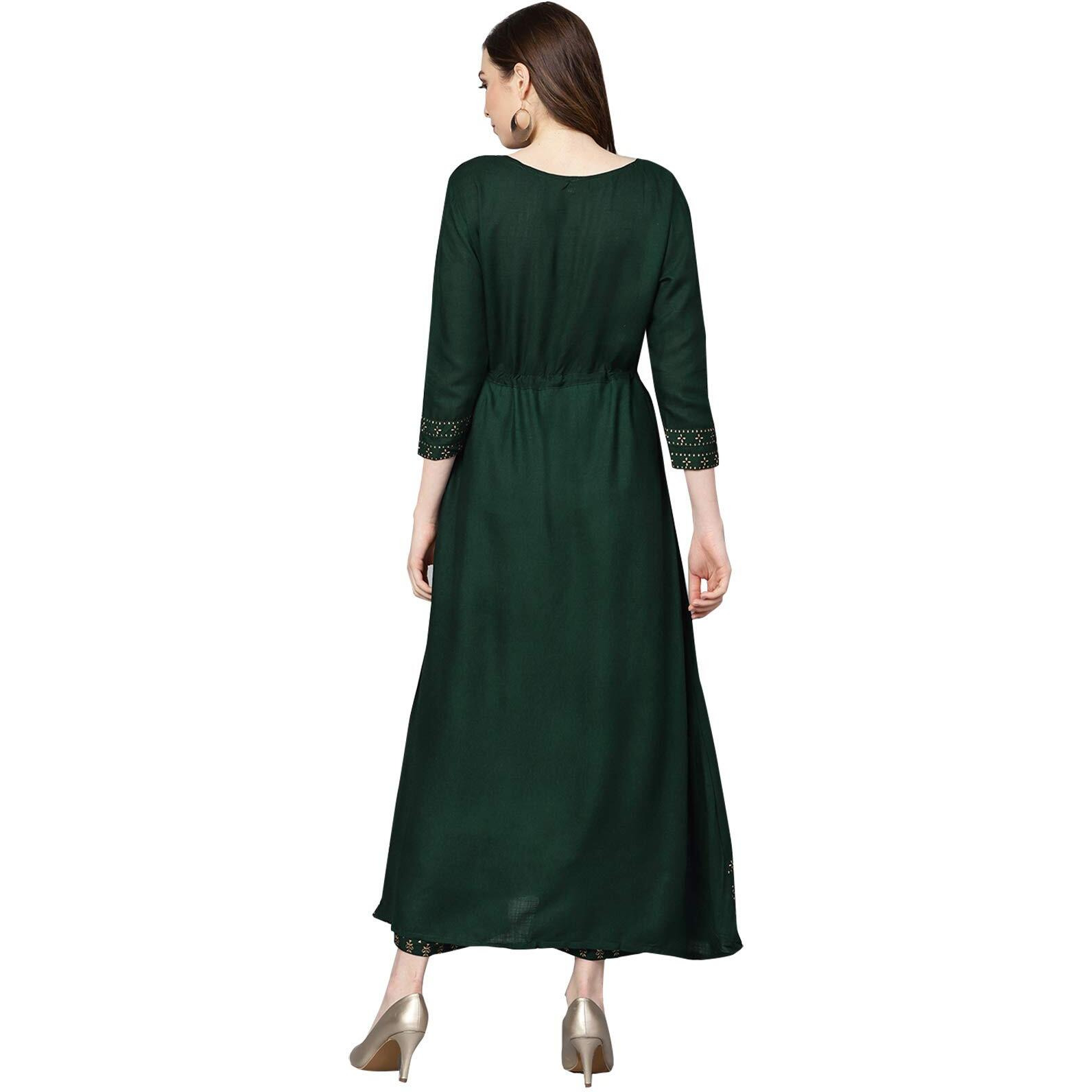 Ishin Women's Viscose Rayon Green Printed Anarkali Kurta Suit Set With Palazzos Nwkp-0227_L_Green