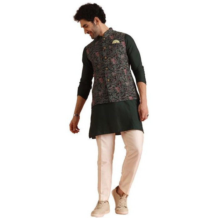 Kisah Cotton Blend Kurta Jacket Trouser Set For Men | Nehru Jacket Waistcoat Kurta Set With Trousers | Mens Ethnic Collections-Ka-0974-5189-T301-44-Multi