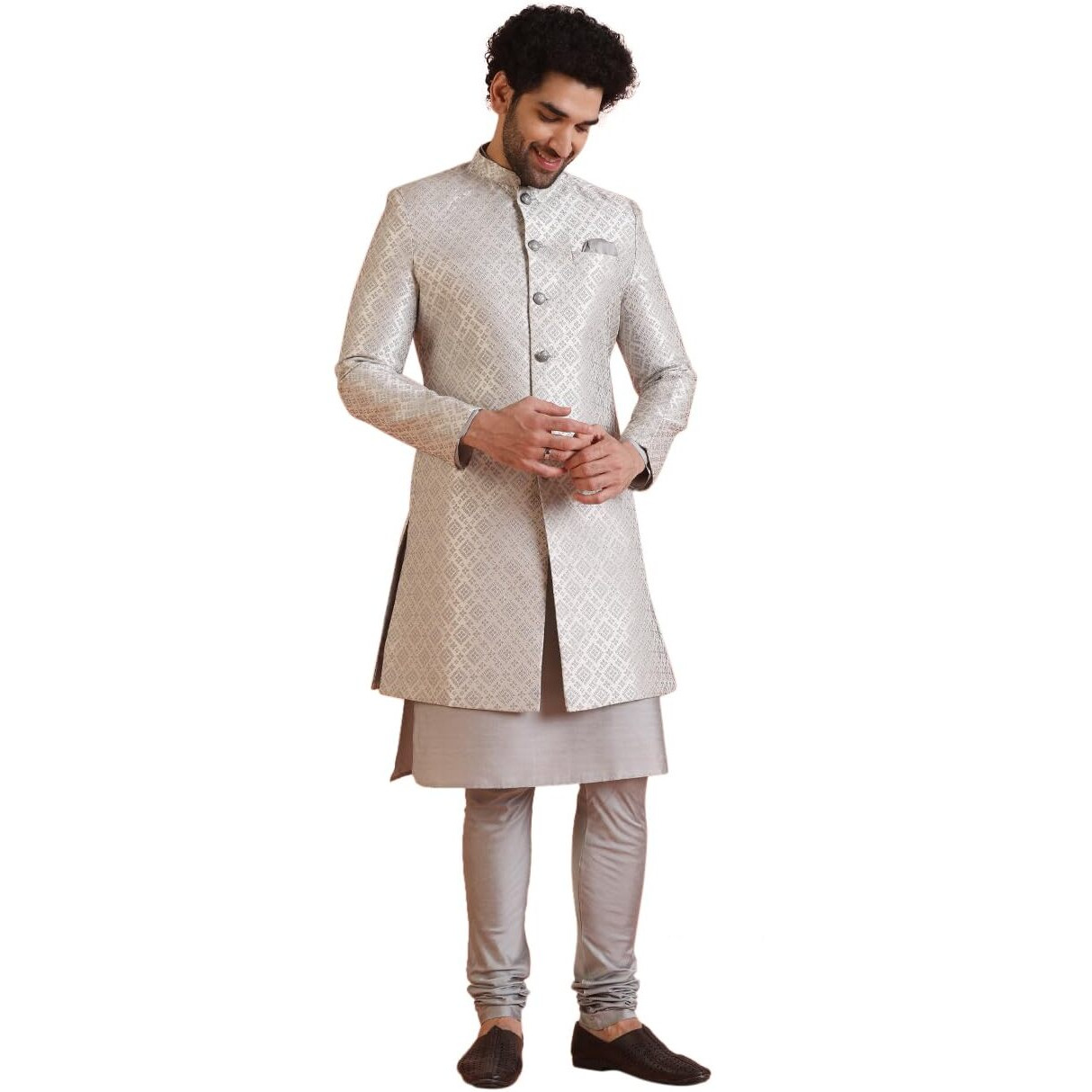 Kisah Men Grey Jacquard Geometric Kurta Indowestern Sherwani Churidar Set, 42