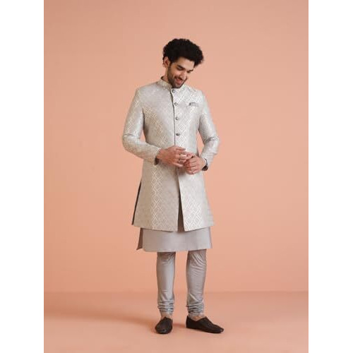 Kisah Men Grey Jacquard Geometric Kurta Indowestern Sherwani Churidar Set, 42