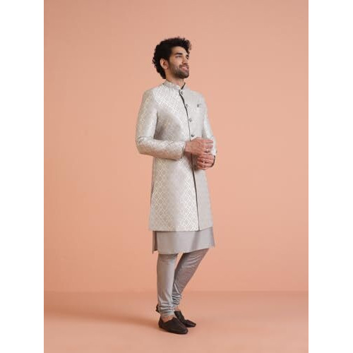 Kisah Men Grey Jacquard Geometric Kurta Indowestern Sherwani Churidar Set, 42