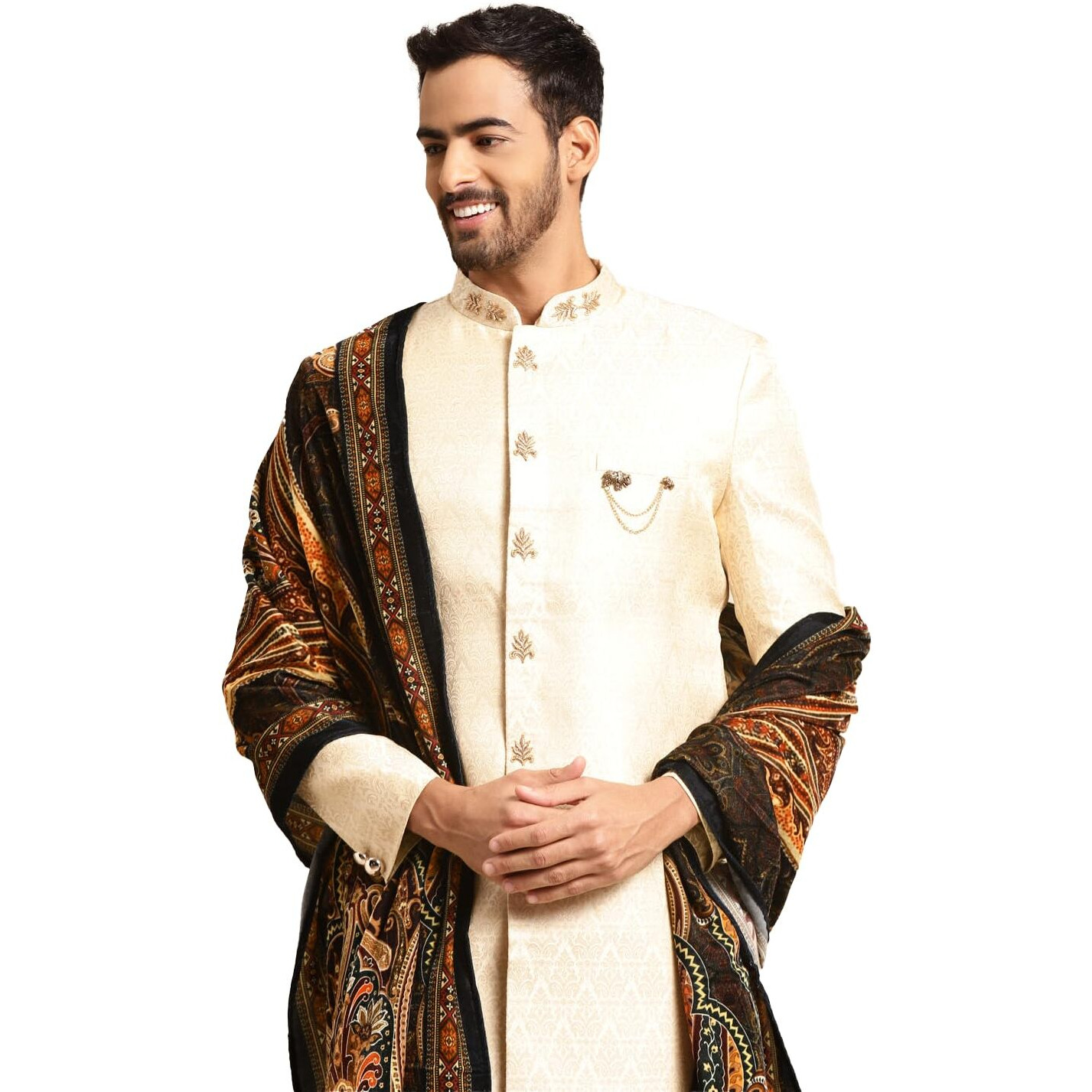 Kisah Sherwani Set With Dupatta For Men  Textured Silk Blend Jacquard Sherwani, Churidar & Dupatta | Traditional Indian Outfit For Weddings, Receptions & Festivals, White, 36