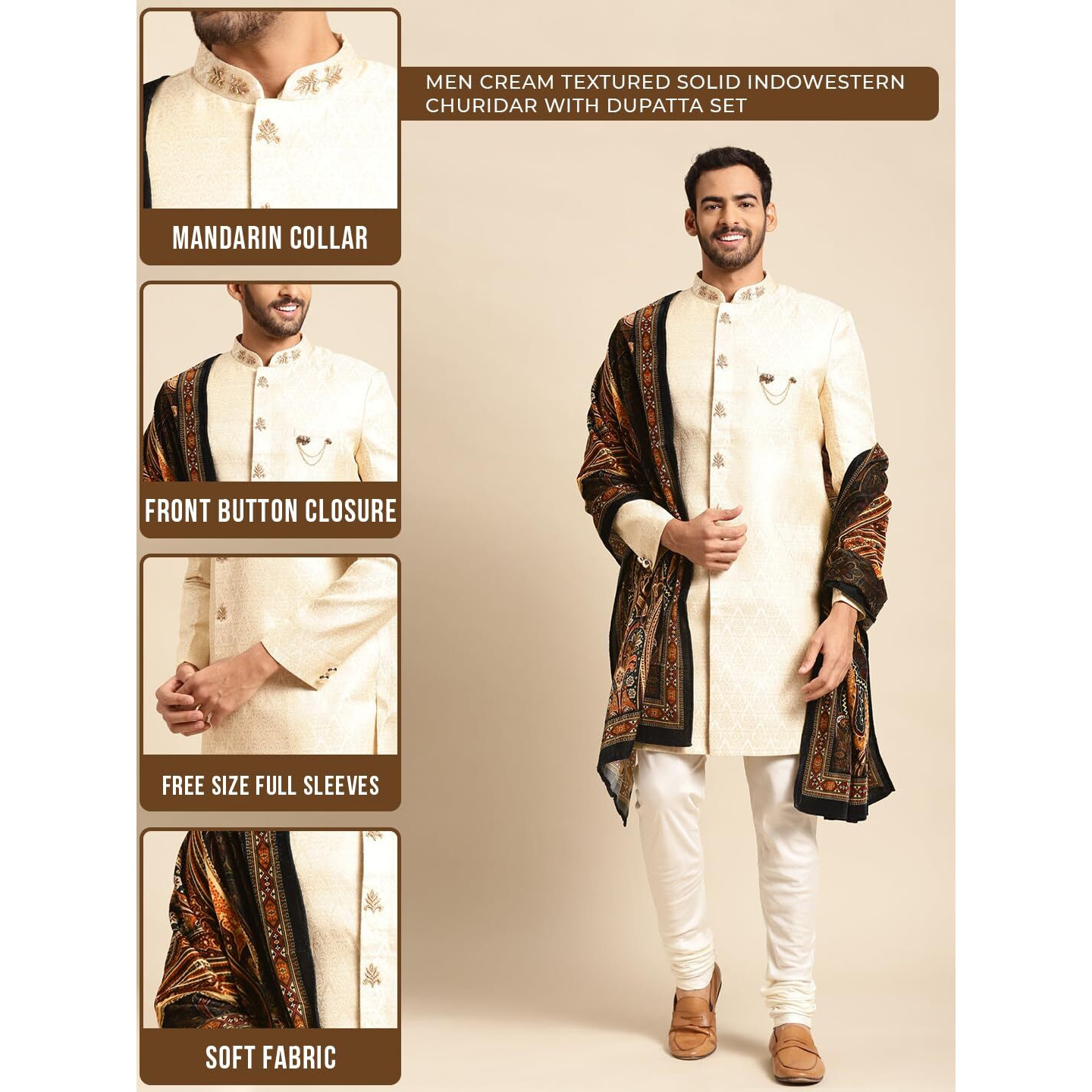 Kisah Sherwani Set With Dupatta For Men  Textured Silk Blend Jacquard Sherwani, Churidar & Dupatta | Traditional Indian Outfit For Weddings, Receptions & Festivals, White, 36