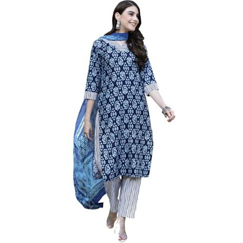 Pinkmint Women's Cotton Straight Printed Kurta With Pant & Dupatta (Sw-003_L)