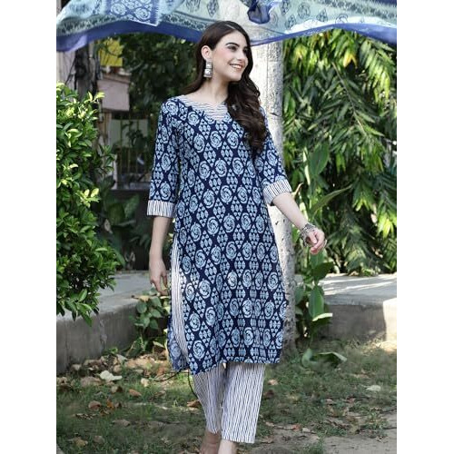 Pinkmint Women's Cotton Straight Printed Kurta With Pant & Dupatta (Sw-003_L)