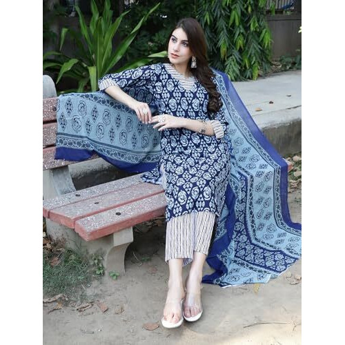 Pinkmint Women's Cotton Straight Printed Kurta With Pant & Dupatta (Sw-003_L)