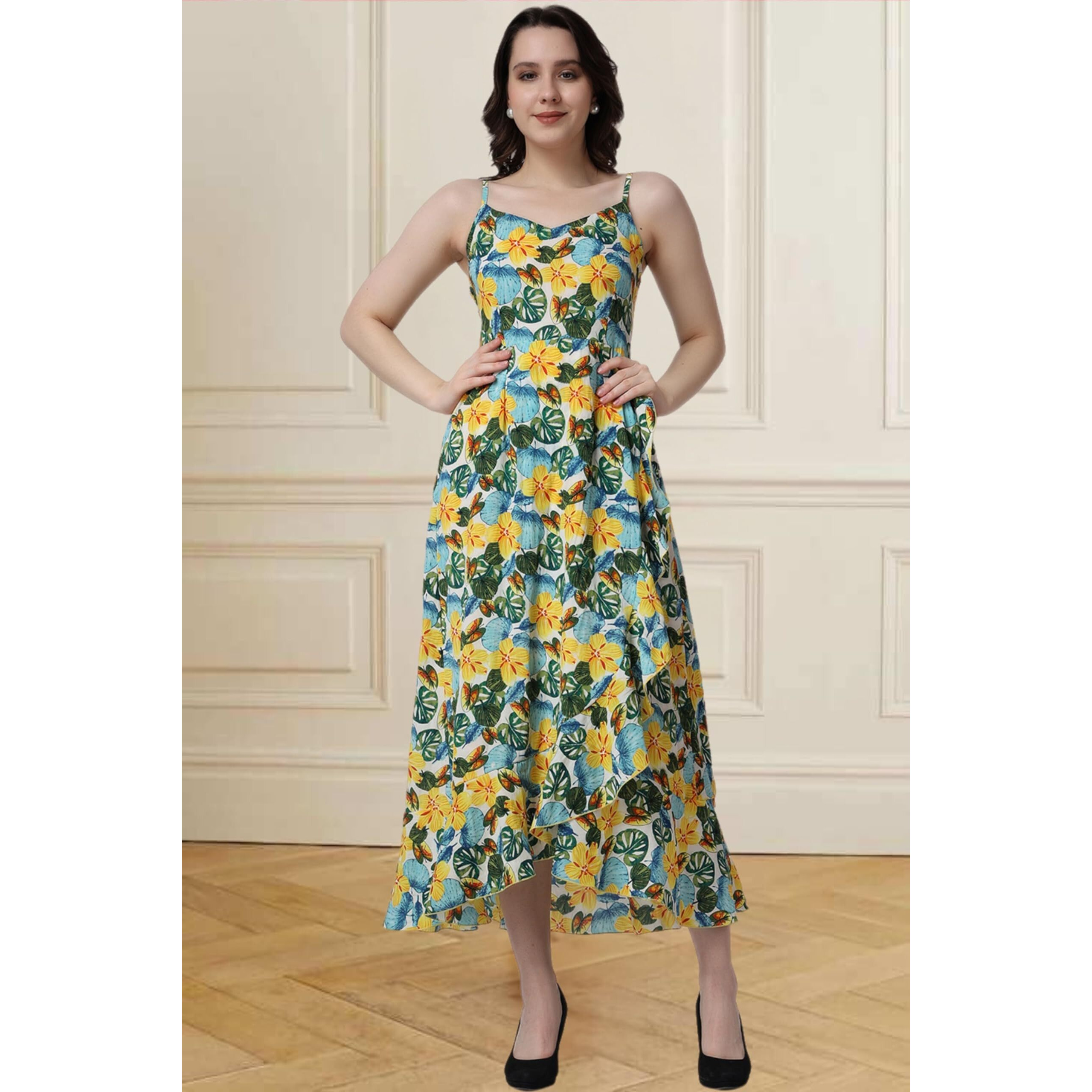Popwings Casual Floral Printed Maxi Length Fit & Flare Dress For Women || Summer Dress For Women || Flare Maxi Dress For Women Stylish || Sleeveless Dress For Women Multicolour