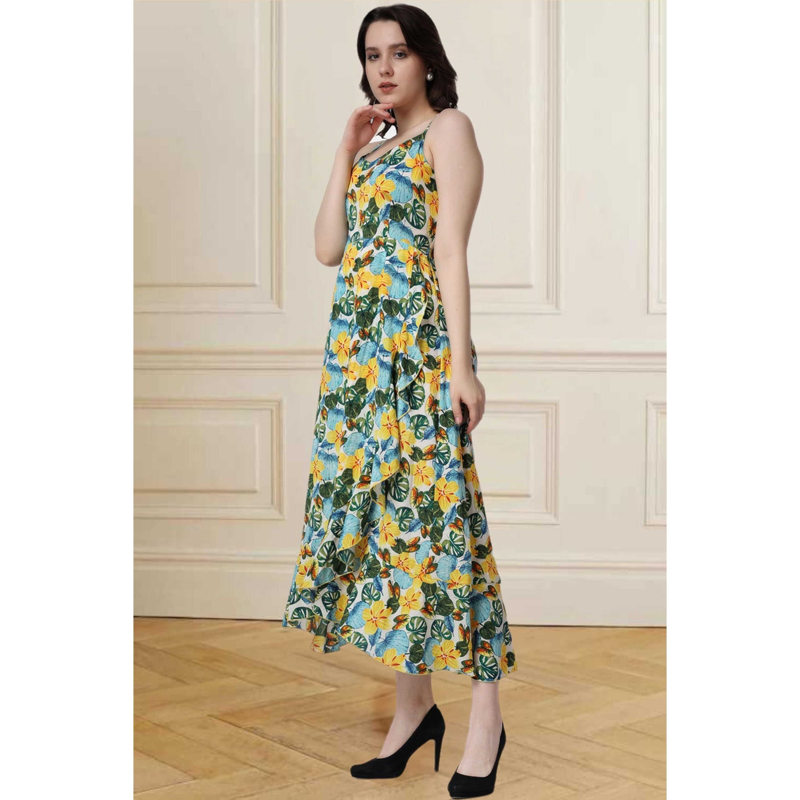 Popwings Casual Floral Printed Maxi Length Fit & Flare Dress For Women || Summer Dress For Women || Flare Maxi Dress For Women Stylish || Sleeveless Dress For Women Multicolour