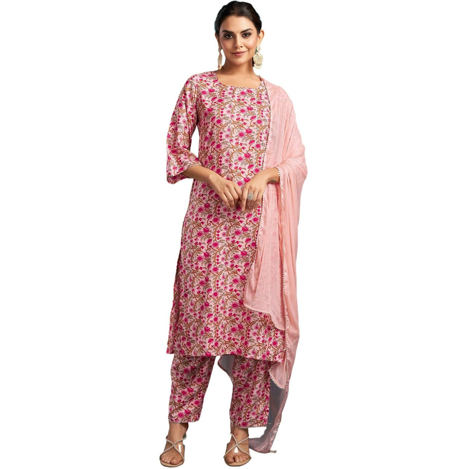 Sanisa Women's Rayon Blend Floral Printed Straight Kurta With Pant And Dupatta Set (148Kbd1604Nr-Xl_Light Pink & Multi)