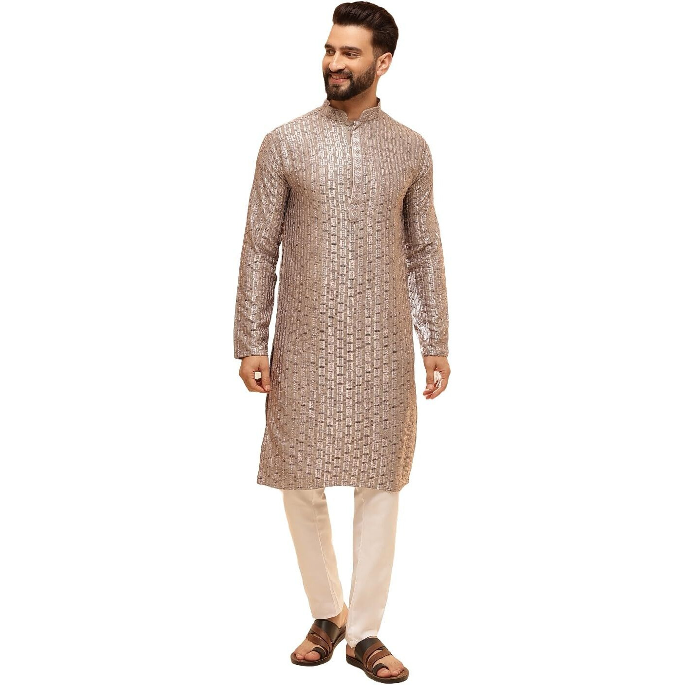 Sojanya (Since 1958 Men's Cotton Rayon Shiny Thread Sequinned Brown Kurta With White Pyjama