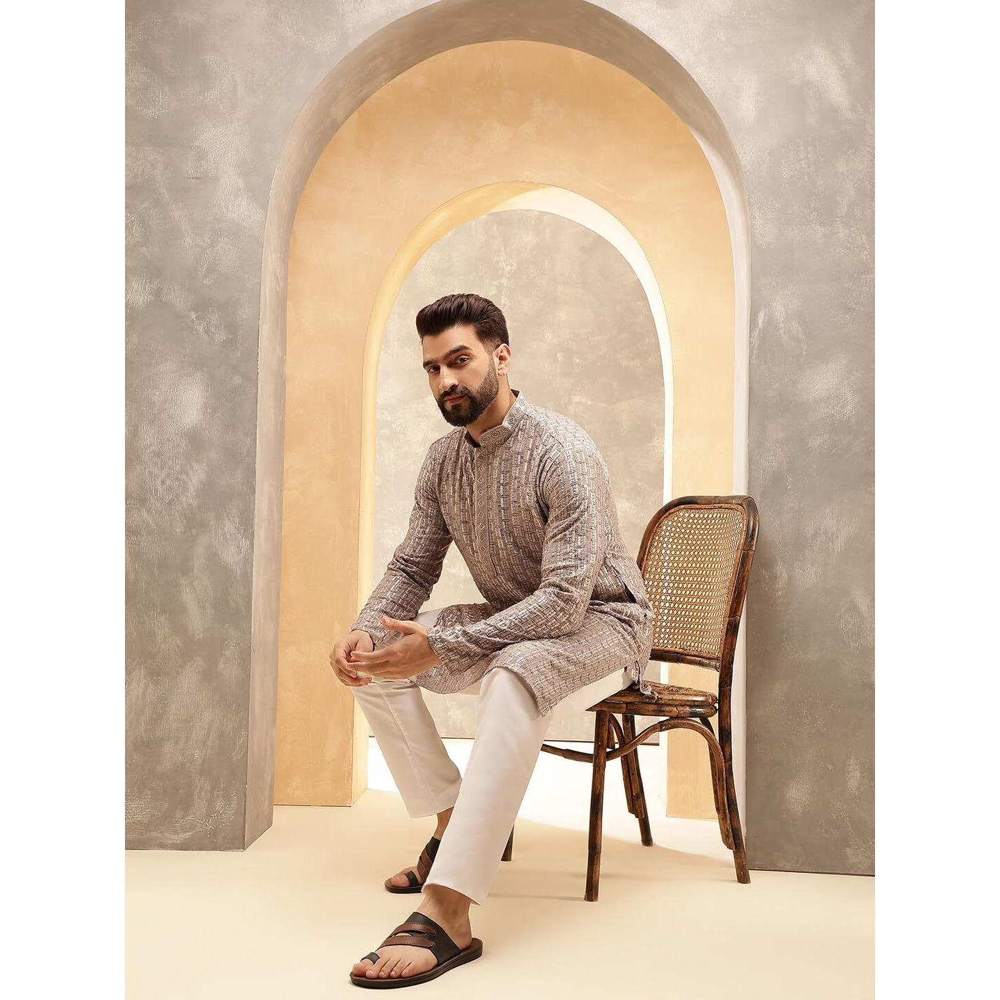 Sojanya (Since 1958 Men's Cotton Rayon Shiny Thread Sequinned Brown Kurta With White Pyjama