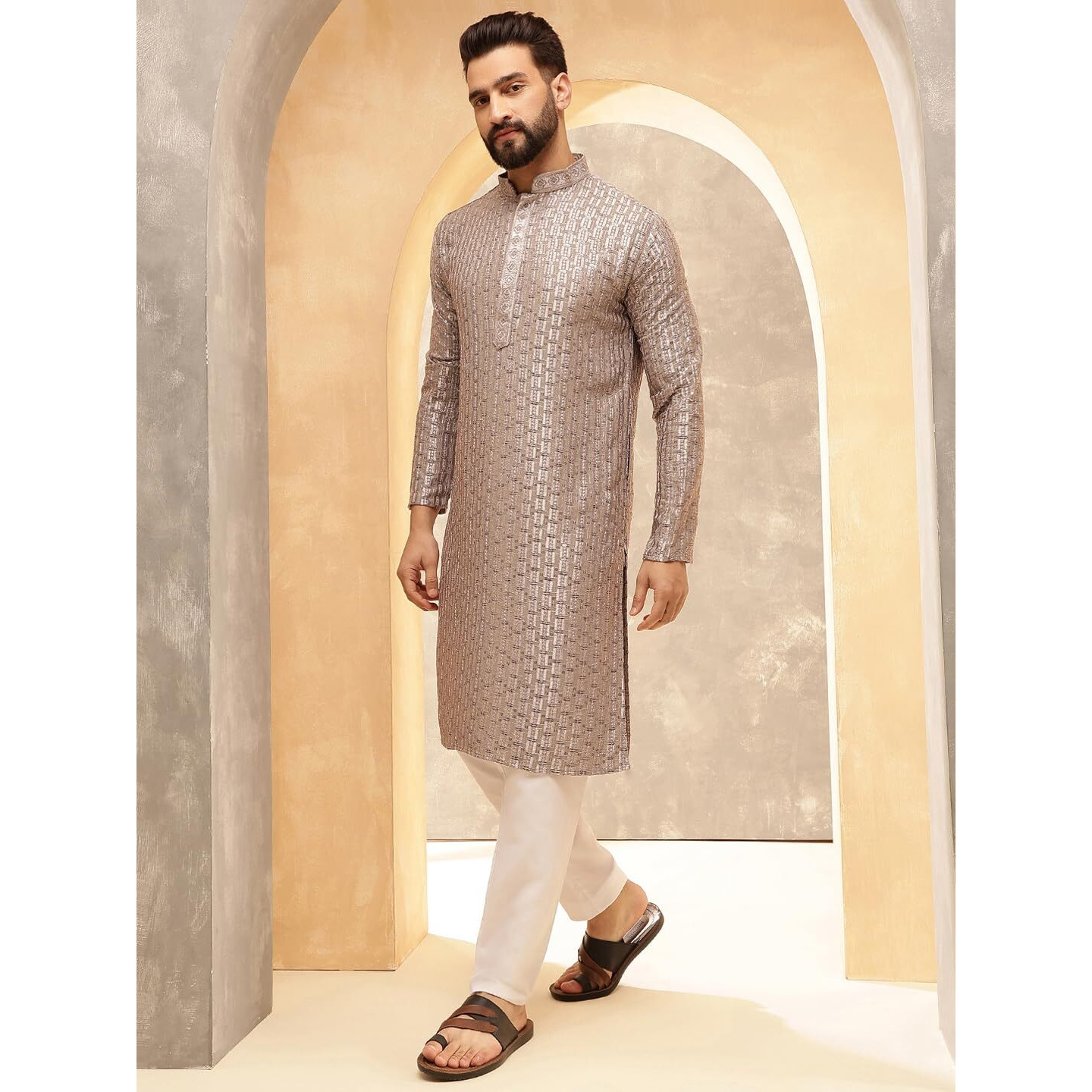 Sojanya (Since 1958 Men's Cotton Rayon Shiny Thread Sequinned Brown Kurta With White Pyjama