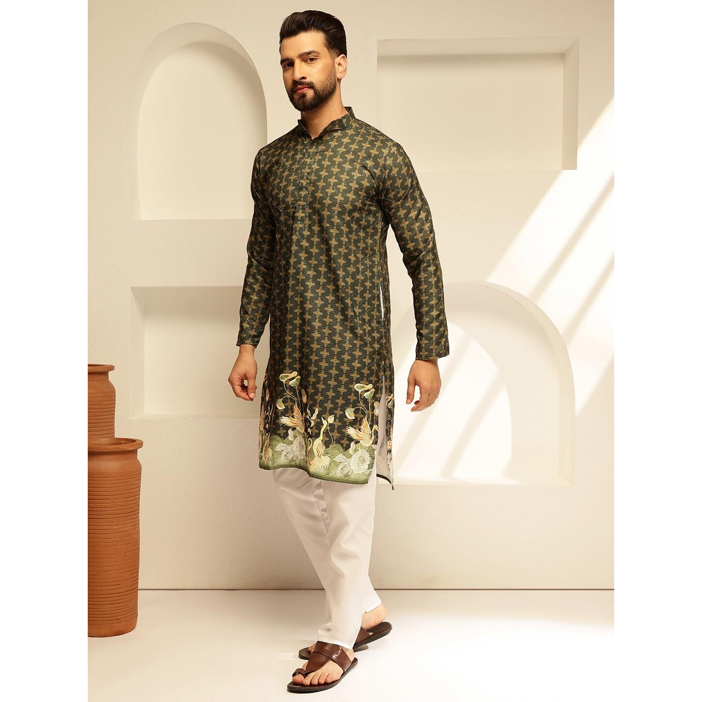 Sojanya (Since 1958 Men's Cotton Daman Print With Krochet Embroidered Green Kurta And Pyjama