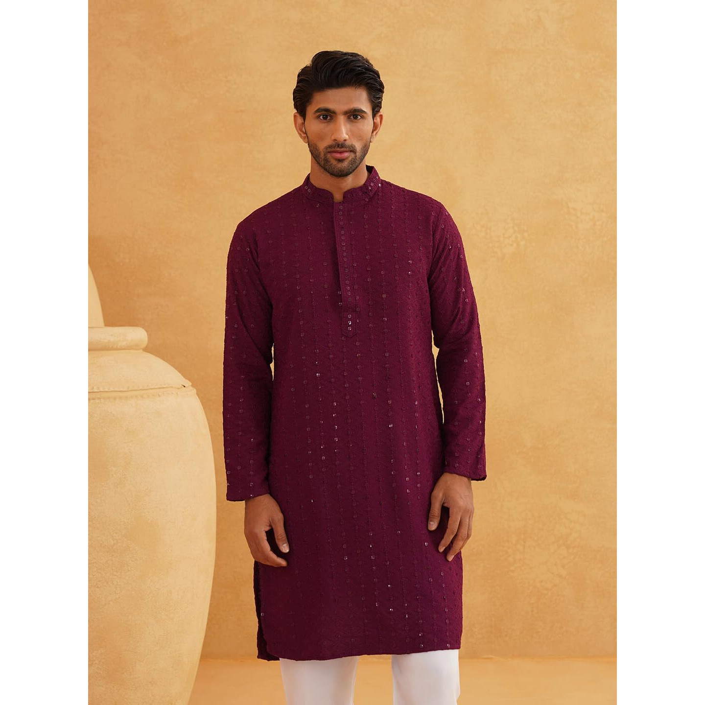 Sojanya (Since 1958 Men's Ethnic Motifs Embroidered Sequinned Purple Cotton Long Kurta