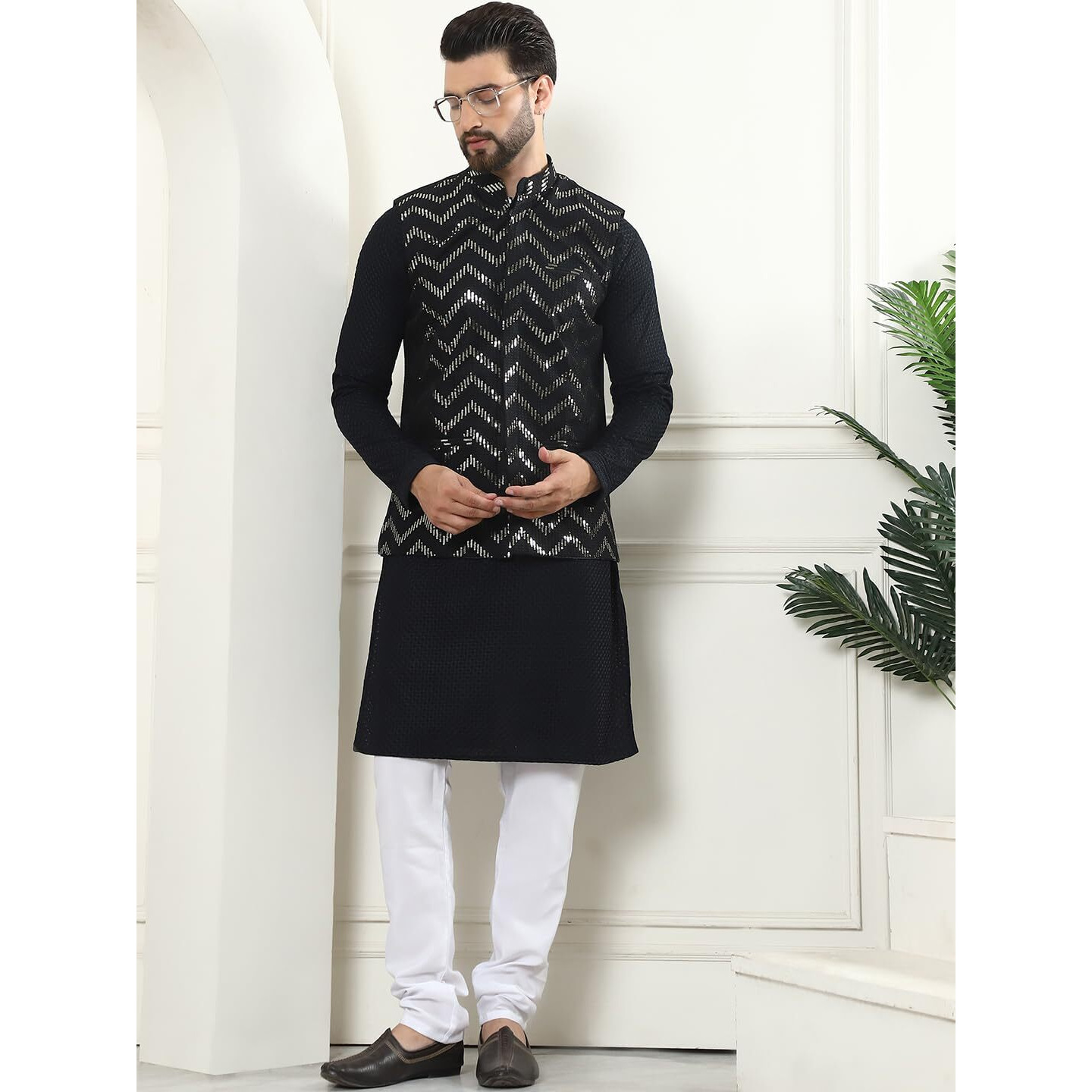 Sojanya (Since 1958 Men's Pure Cotton Black Kurta And White Pyjama With Sequins Black Nehru Jacket
