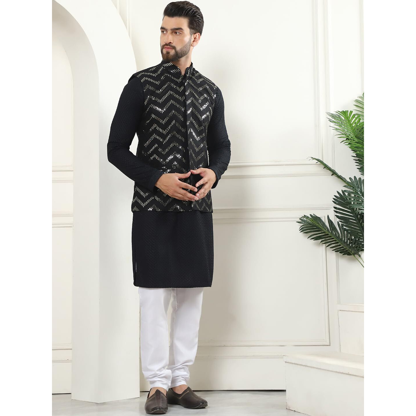Sojanya (Since 1958 Men's Pure Cotton Black Kurta And White Pyjama With Sequins Black Nehru Jacket