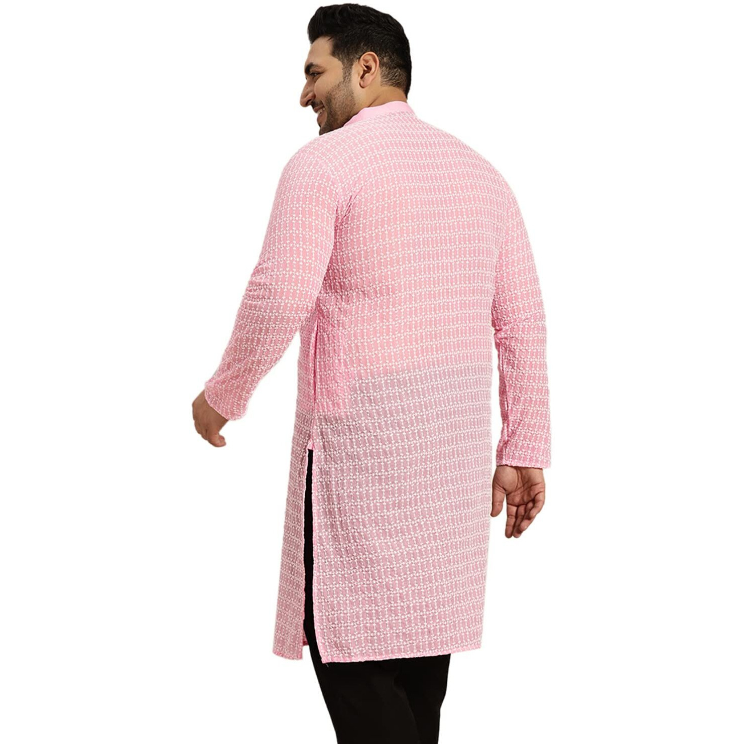 Sojanya Plus (Since 1958) Men's Pure Cotton Pink Kurta With White Embroidery