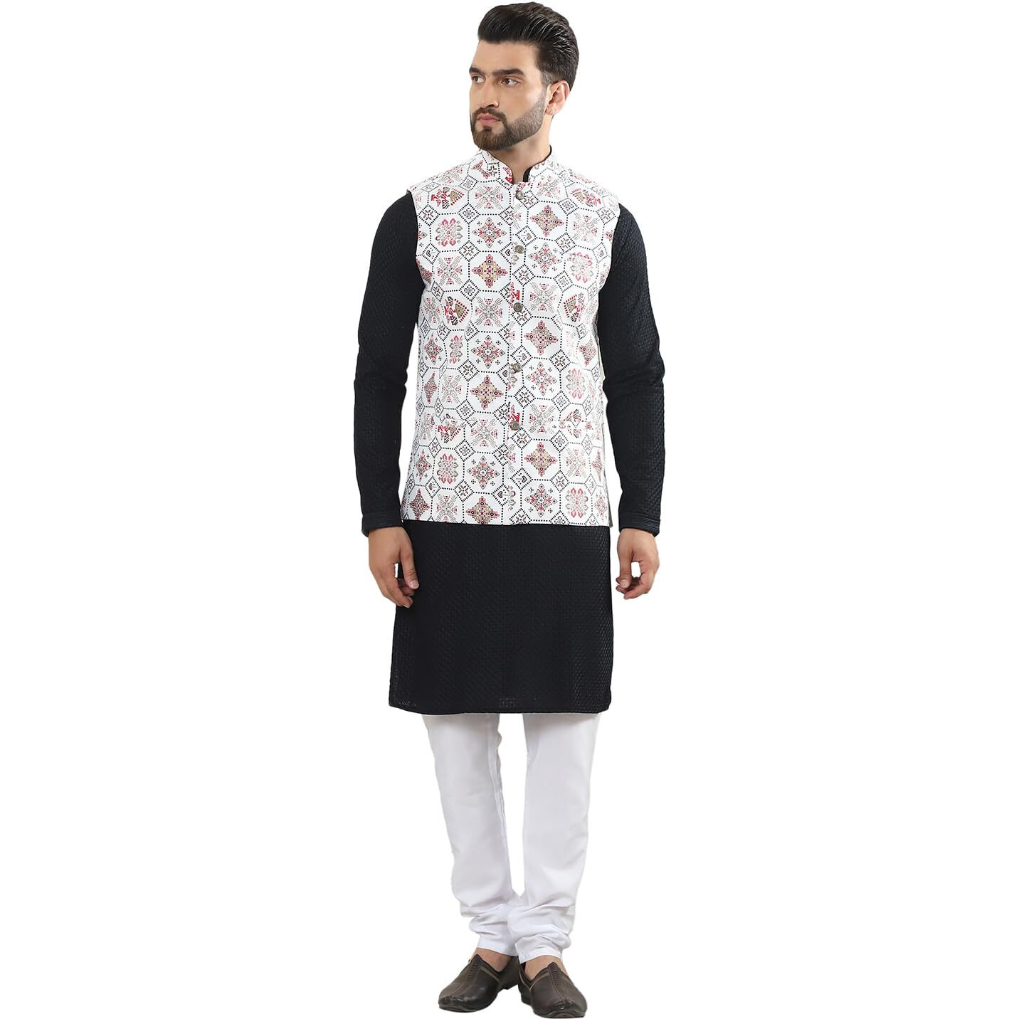 Sojanya (Since 1958 Men's Pure Cotton Black Kurta And White Pyjama With Embroidered Cream Nehru Jacket