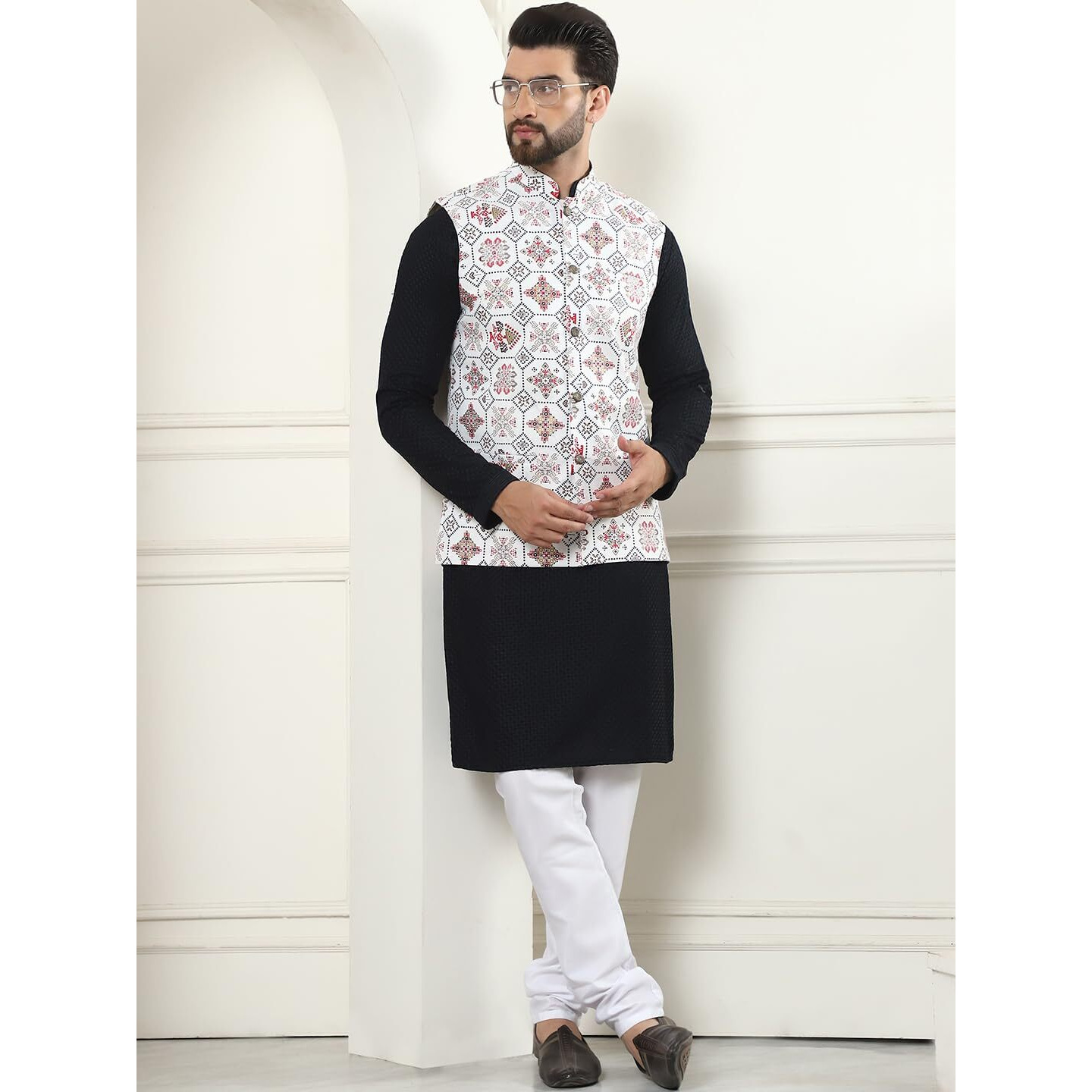 Sojanya (Since 1958 Men's Pure Cotton Black Kurta And White Pyjama With Embroidered Cream Nehru Jacket