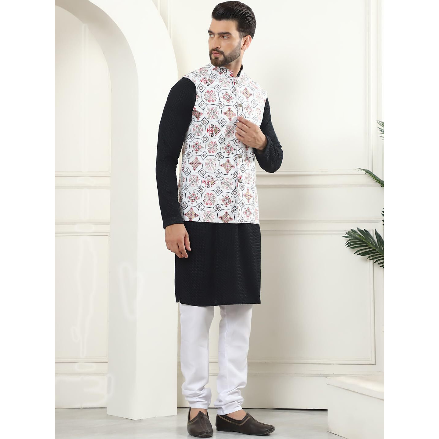 Sojanya (Since 1958 Men's Pure Cotton Black Kurta And White Pyjama With Embroidered Cream Nehru Jacket