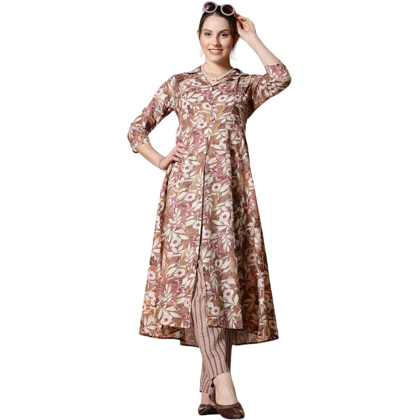 Stylum Women's Floral Printed Cotton Blend A-Line Kurta And Pant Set (Kpbrownsurbhi44_Brown, Xxl)