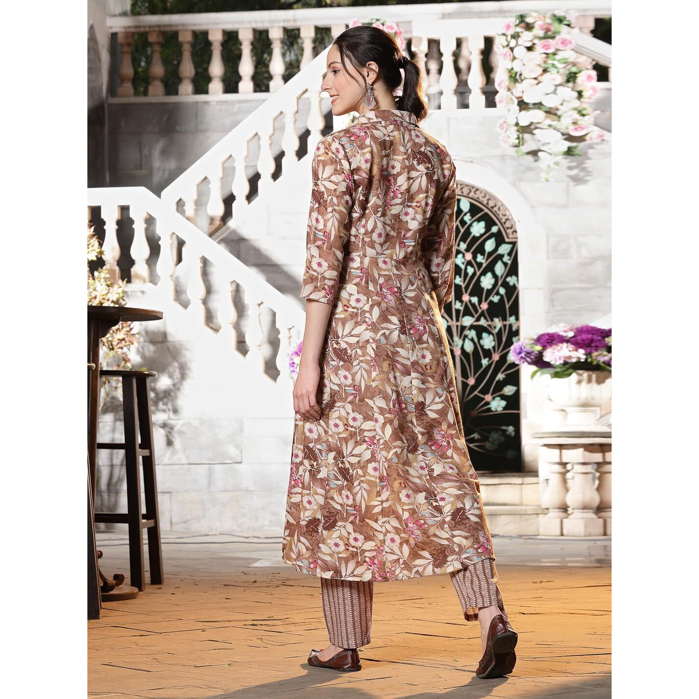 Stylum Women's Floral Printed Cotton Blend A-Line Kurta And Pant Set (Kpbrownsurbhi44_Brown, Xxl)
