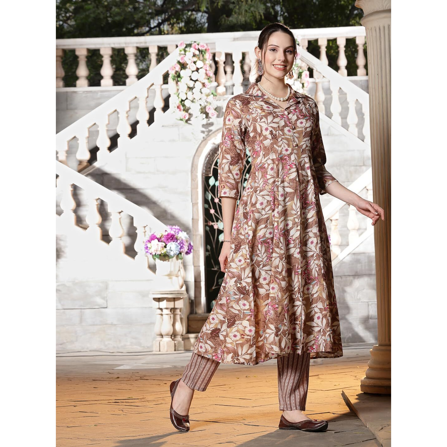 Stylum Women's Floral Printed Cotton Blend A-Line Kurta And Pant Set (Kpbrownsurbhi44_Brown, Xxl)