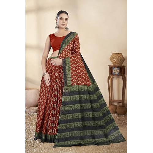 Tamaira Fashion Women's Ikkat Handloom Printed Pure Cotton Mulmul Saree Without Blouse Piece(Ab44_Rust Orange)