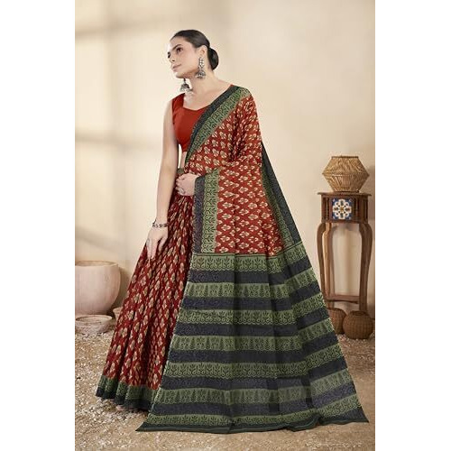 Tamaira Fashion Women's Ikkat Handloom Printed Pure Cotton Mulmul Saree Without Blouse Piece(Ab44_Rust Orange)