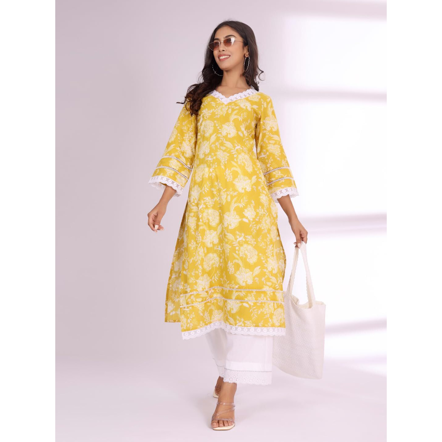 Varanga Women Ethnic Floral Printed Flared Sleeve Kurta Yellow