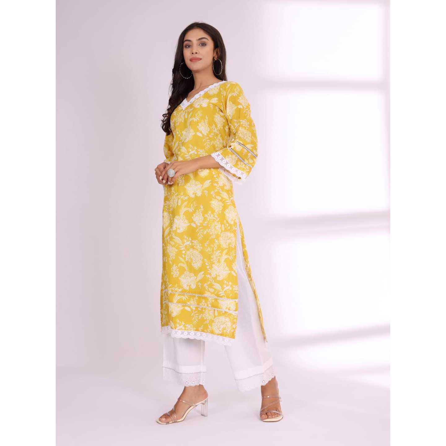 Varanga Women Ethnic Floral Printed Flared Sleeve Kurta Yellow