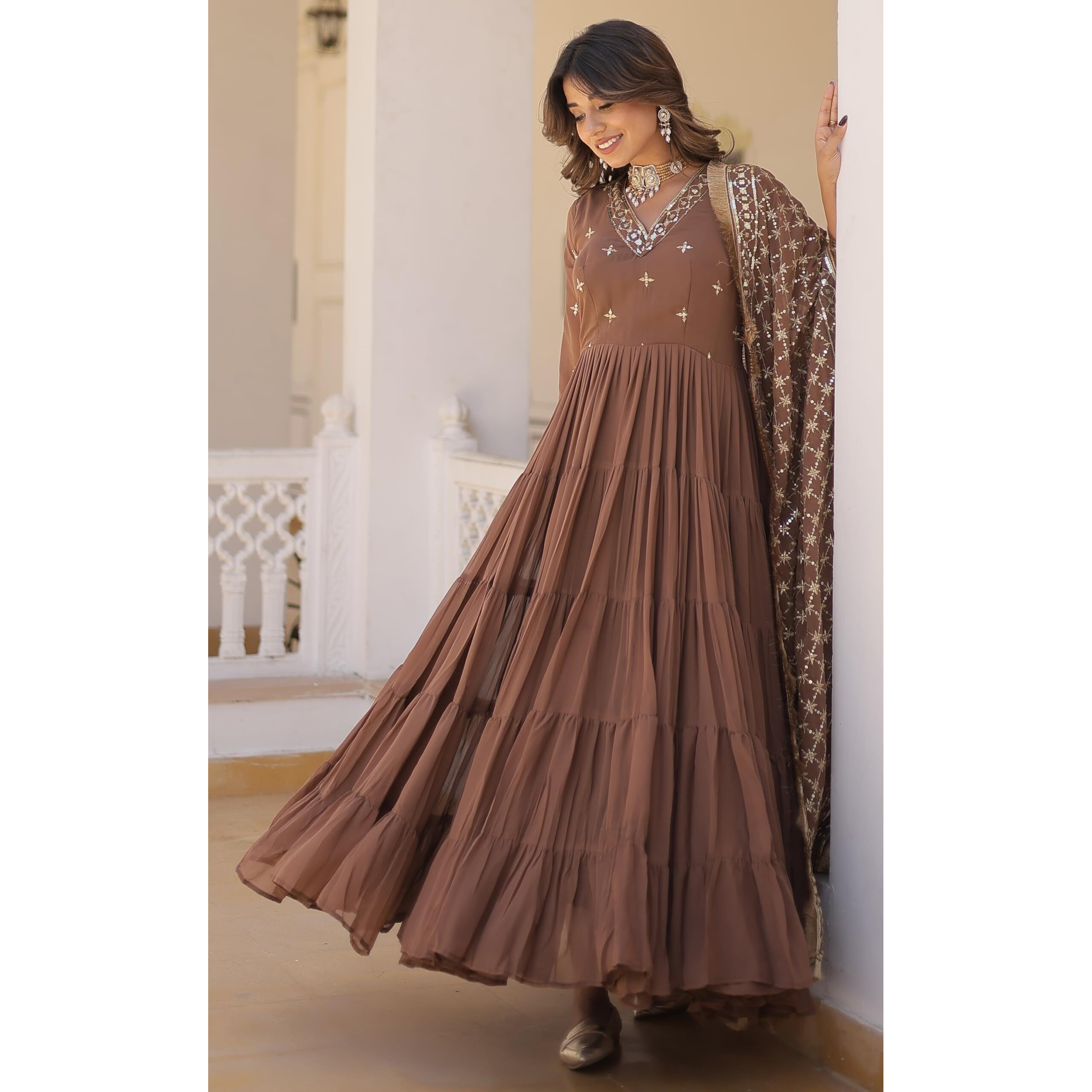 Fashion Basket Women's Georgette Anarkali Dress Brown