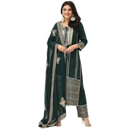 Ishin Women Green Gotta Patti Detail Staight Kurta With Pants And Dupatta