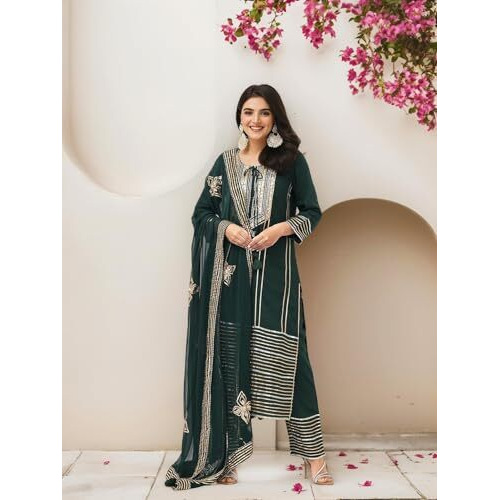 Ishin Women Green Gotta Patti Detail Staight Kurta With Pants And Dupatta