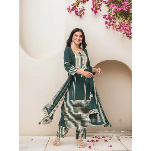 Ishin Women Green Gotta Patti Detail Staight Kurta With Pants And Dupatta