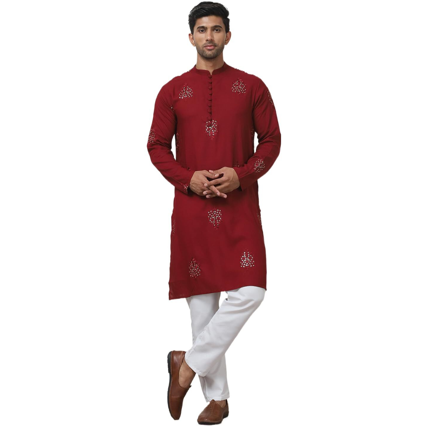 Jompers Mens Maroon Embroidered Viscose Rayon Straight Kurta Pyjama Set (Maroon, Xxl)