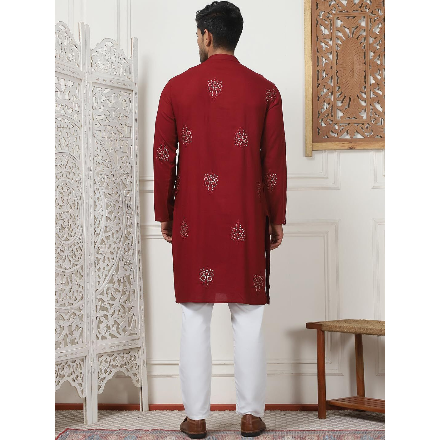 Jompers Mens Maroon Embroidered Viscose Rayon Straight Kurta Pyjama Set (Maroon, Xxl)