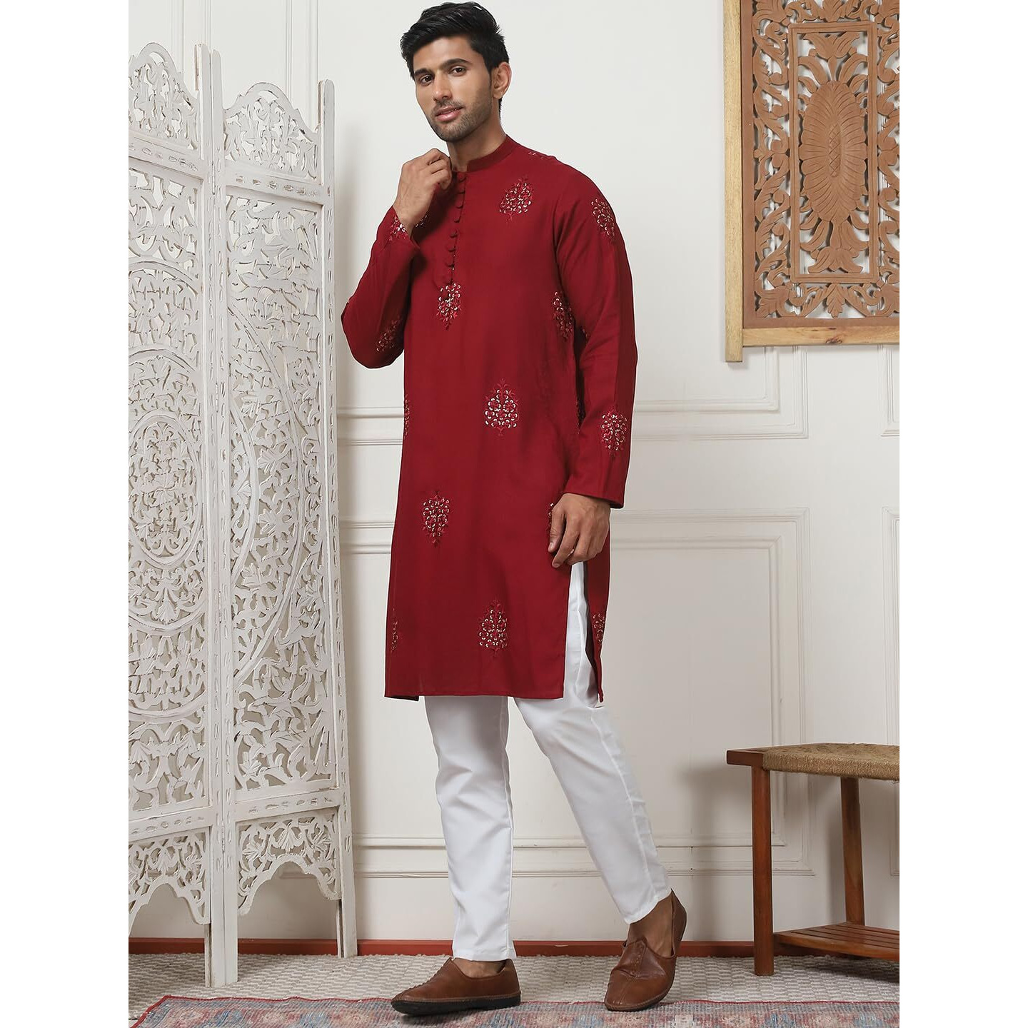 Jompers Mens Maroon Embroidered Viscose Rayon Straight Kurta Pyjama Set (Maroon, Xxl)