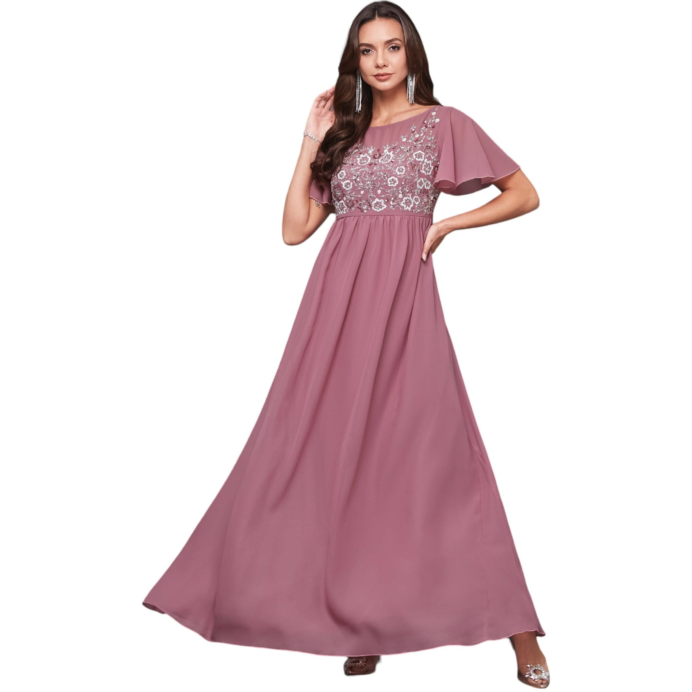 Miss Chase Women's Boat Neck Half Sleeve Solid Embellished Georgette Maxi Dress (Mcaw21D06-24-261-05, Dusty Lavender, L)