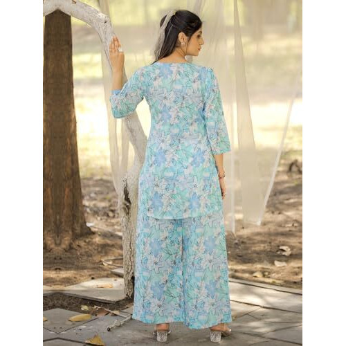 Pinkmint Pure Cotton Co Ord Set For Women L Flower & Leaf Pattern Set L 3/4 Sleeve Co Ord Set