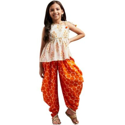 Pspeaches Girl's Cotton Dhoti Set (Dh-Orangeboota-4-5Y_Orange