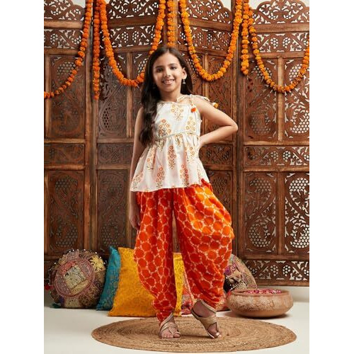 Pspeaches Girl's Cotton Dhoti Set (Dh-Orangeboota-4-5Y_Orange