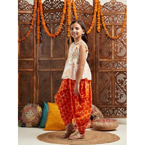 Pspeaches Girl's Cotton Dhoti Set (Dh-Orangeboota-4-5Y_Orange