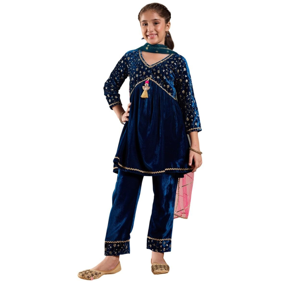 Pspeaches Girl's Cashmere Kurta Set (Ks-Tealseqvelvet-14-15Y_Teal