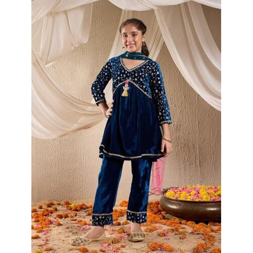 Pspeaches Girl's Cashmere Kurta Set (Ks-Tealseqvelvet-14-15Y_Teal