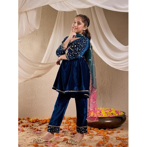 Pspeaches Girl's Cashmere Kurta Set (Ks-Tealseqvelvet-14-15Y_Teal