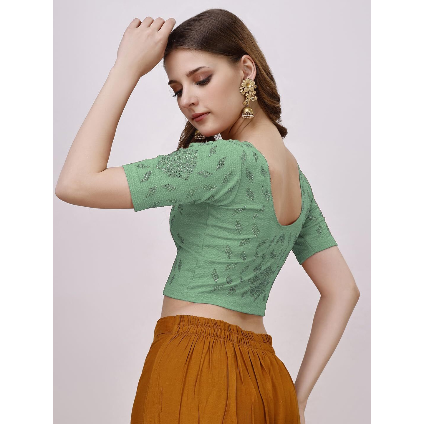 Pujia Mills Women's Readymade Hosiery Lycra Stretchable Round Neck Half Sleeve Blouse With Swaroski Work Fancy Lycra Stretchable Sea Green Blouse For Women Readymade Saree Blouse