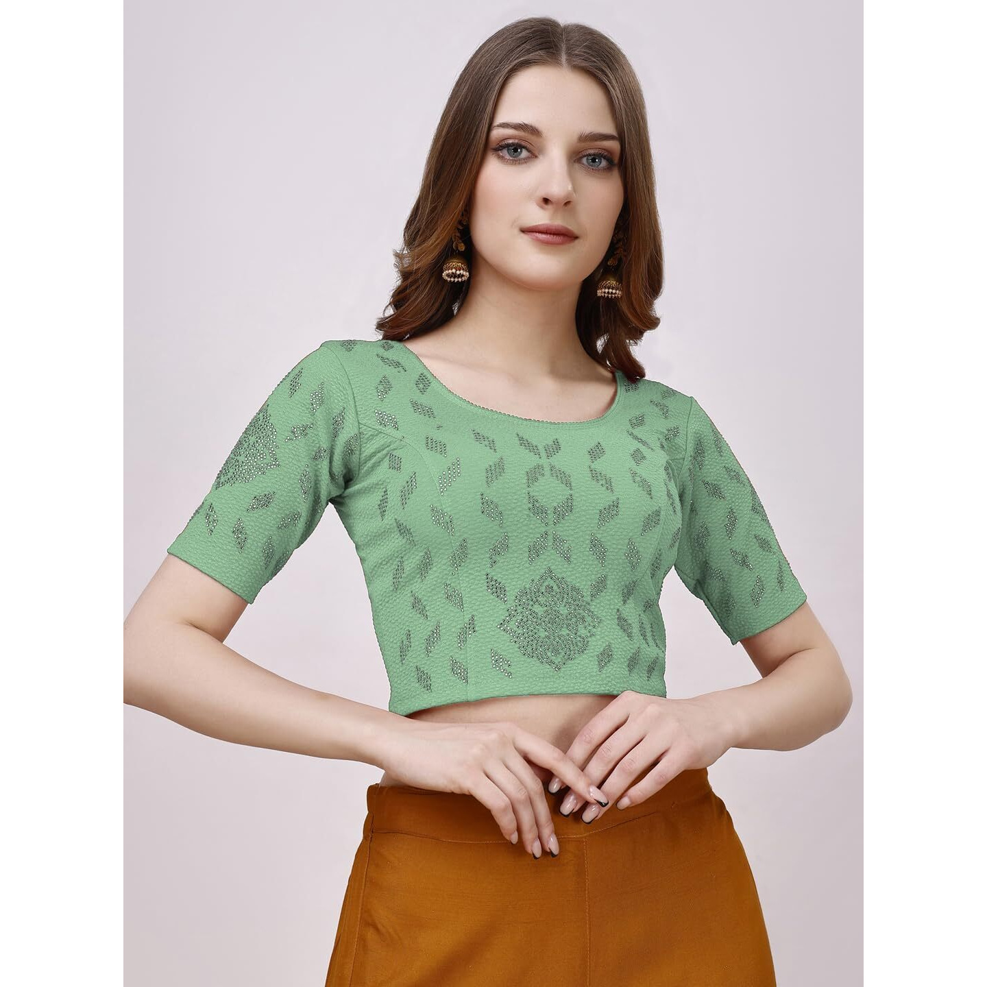 Pujia Mills Women's Readymade Hosiery Lycra Stretchable Round Neck Half Sleeve Blouse With Swaroski Work Fancy Lycra Stretchable Sea Green Blouse For Women Readymade Saree Blouse