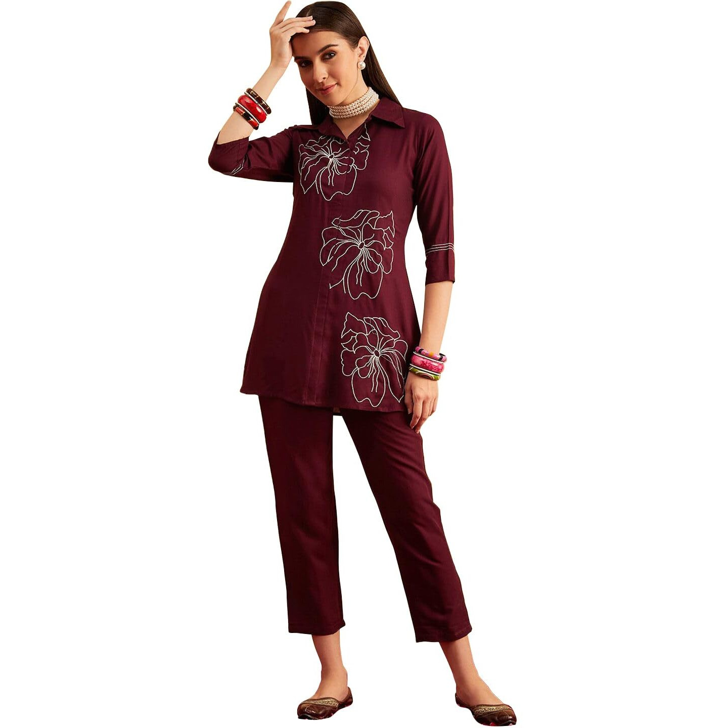 Shasmi Women's Elegant Burgundy Co Ord Set For Women Stylish Kurta Ethnic 3/4 Sleeve Co-Ord Set (Co-Ords 191 Burgundy-Xl)
