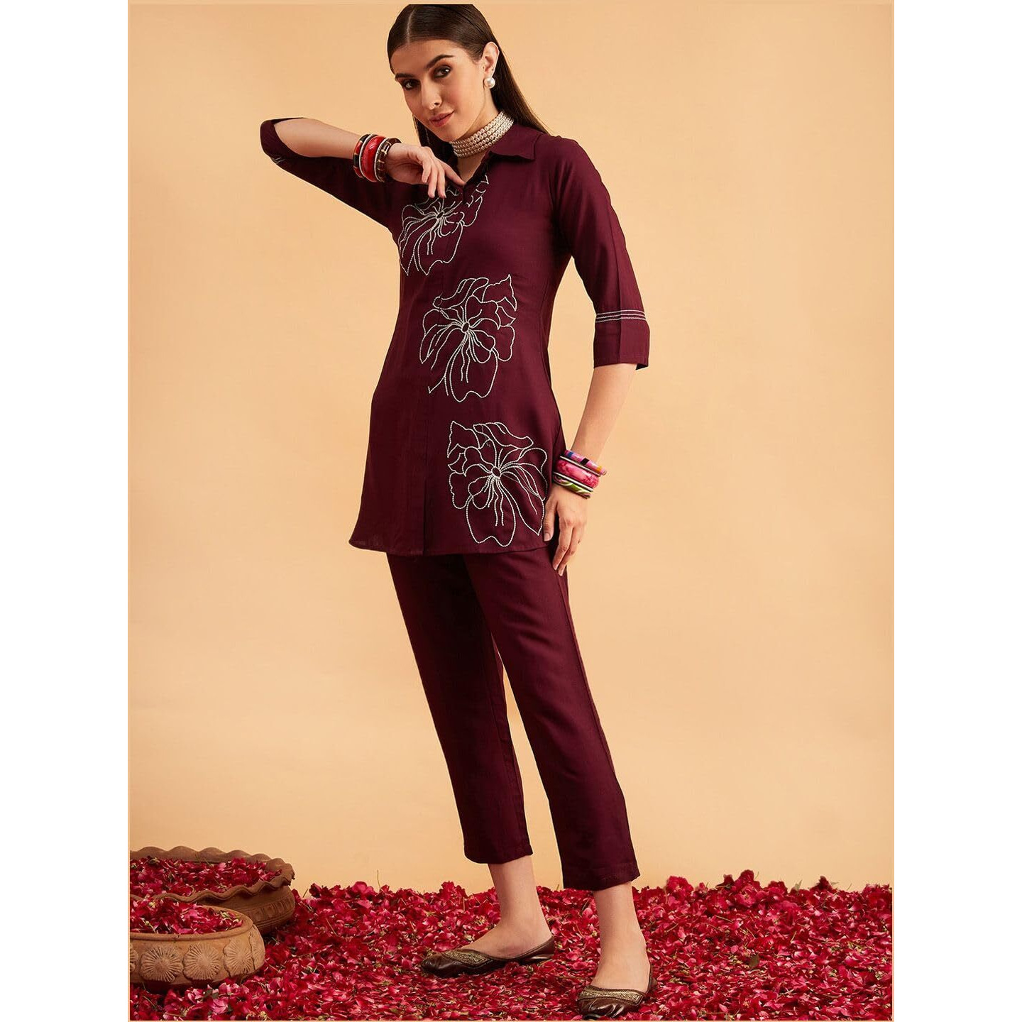 Shasmi Women's Elegant Burgundy Co Ord Set For Women Stylish Kurta Ethnic 3/4 Sleeve Co-Ord Set (Co-Ords 191 Burgundy-Xl)